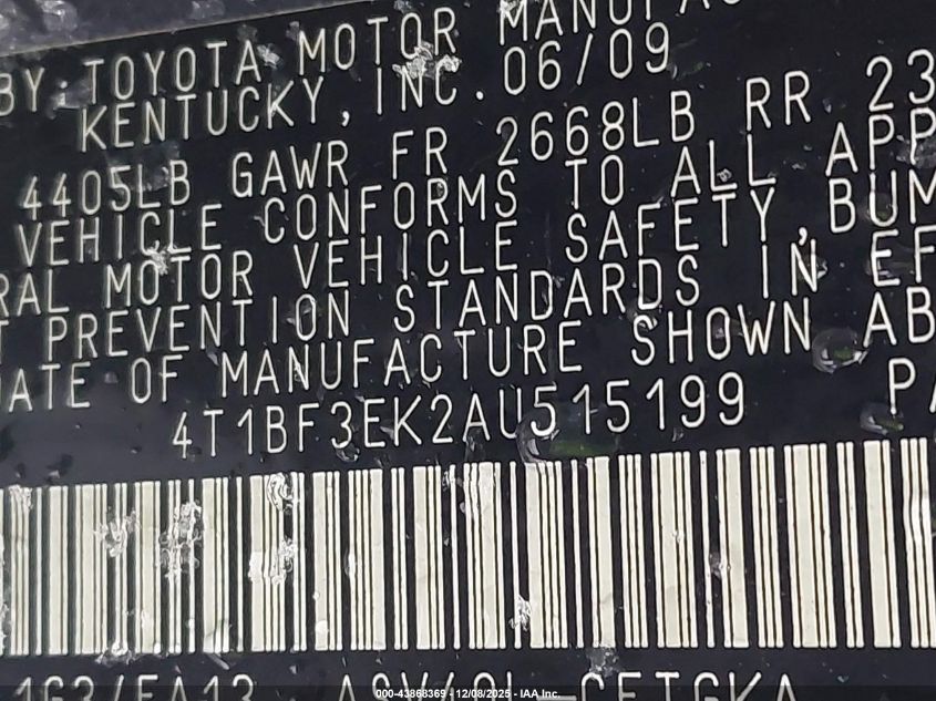 2010 Toyota Camry Xle VIN: 4T1BF3EK2AU515199 Lot: 43868369