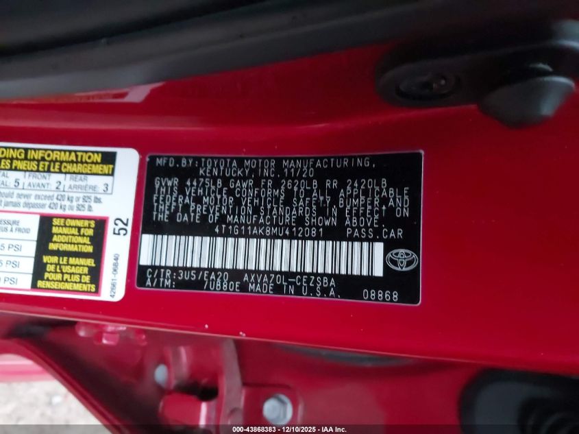 2021 Toyota Camry Se VIN: 4T1G11AK8MU412081 Lot: 43868383