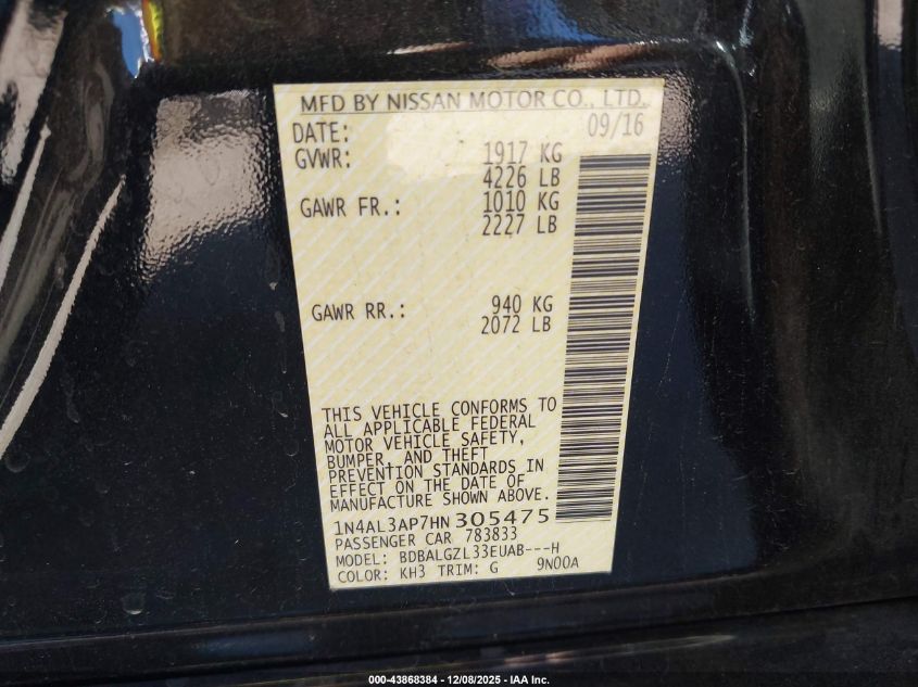 2017 Nissan Altima 2.5 S VIN: 1N4AL3AP7HN305475 Lot: 43868384