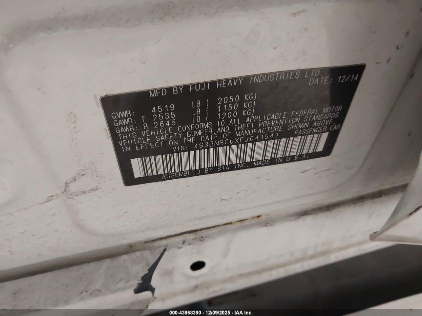 2015 Subaru Legacy 2.5I Premium VIN: 4S3BNBC6XF3041541 Lot: 43868390