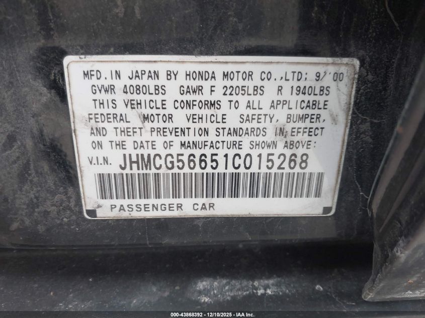 2001 Honda Accord 2.3 Ex VIN: JHMCG56651C015268 Lot: 43868392