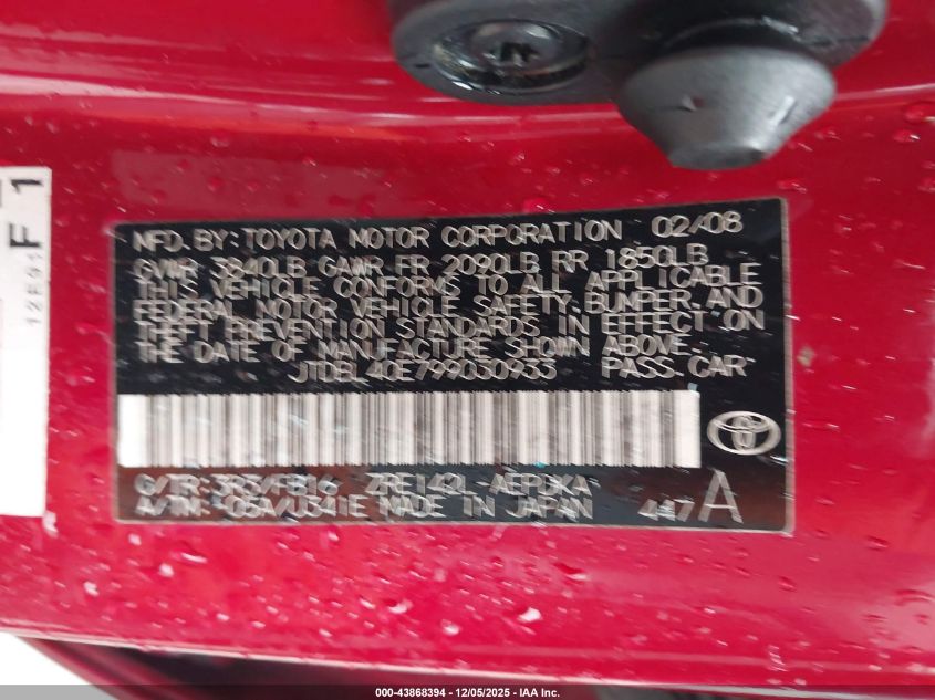 2009 Toyota Corolla Le VIN: JTDBL40E799030933 Lot: 43868394