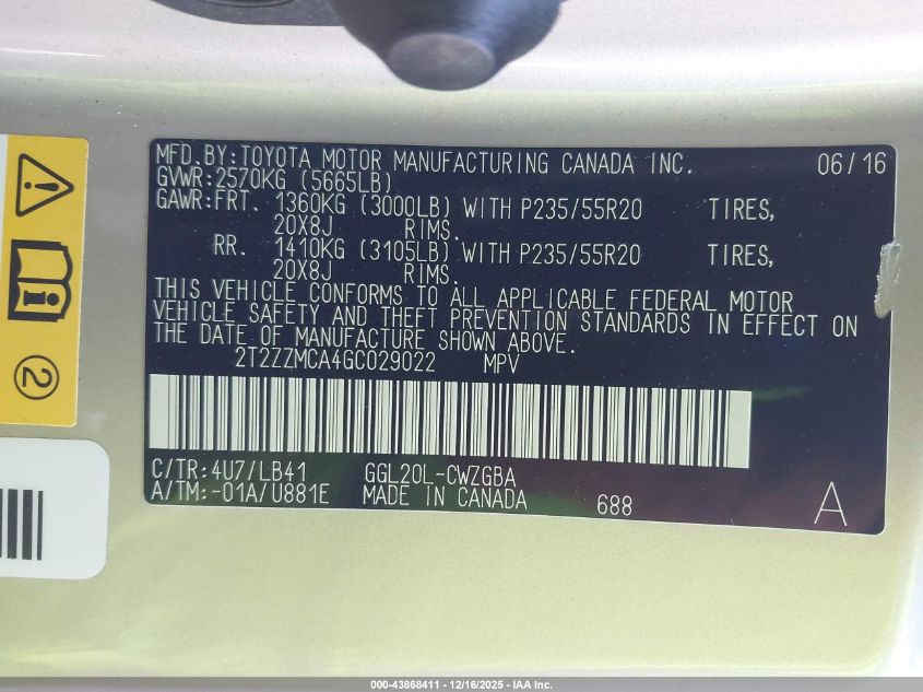 2016 Lexus Rx 350 VIN: 2T2ZZMCA4GC029022 Lot: 43868411