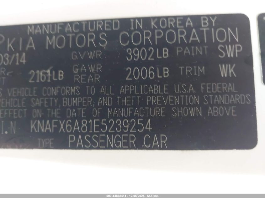 2014 Kia Forte Koup Ex VIN: KNAFX6A81E5239254 Lot: 43868414