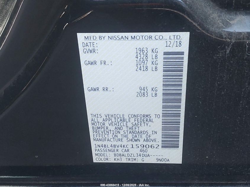 2019 Nissan Altima 2.5 S VIN: 1N4BL4BV4KC159062 Lot: 43868415