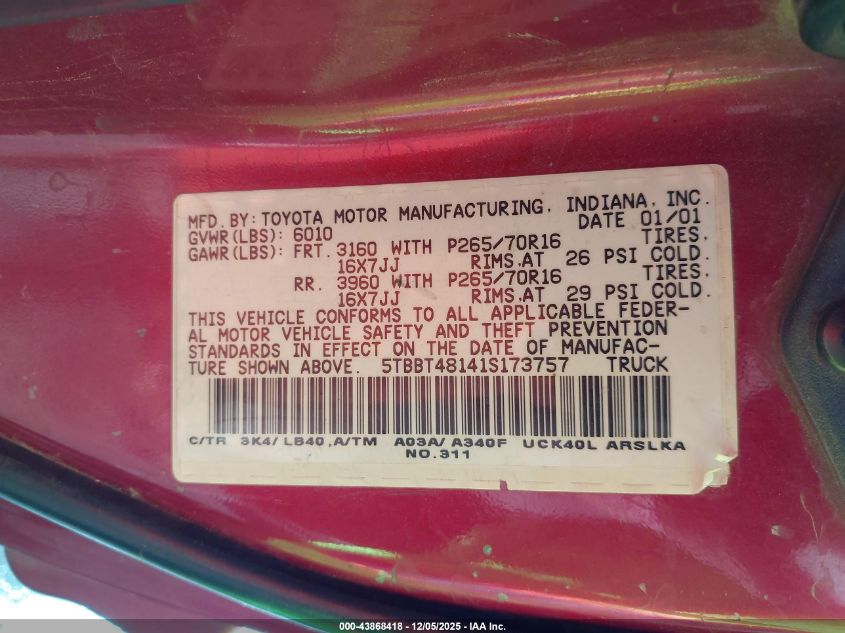 2001 Toyota Tundra Ltd V8 VIN: 5TBBT48141S173757 Lot: 43868418