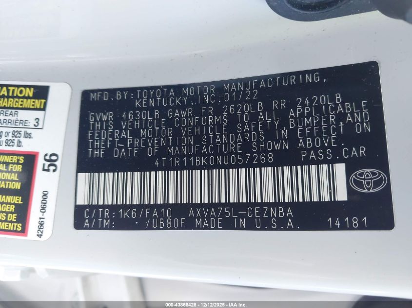 2022 Toyota Camry Le Awd VIN: 4T1R11BK0NU057268 Lot: 43868428