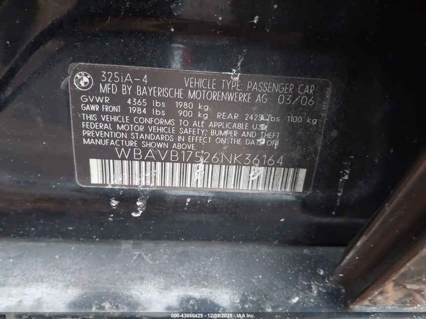2006 BMW 325I VIN: WBAVB17526NK36164 Lot: 43868429