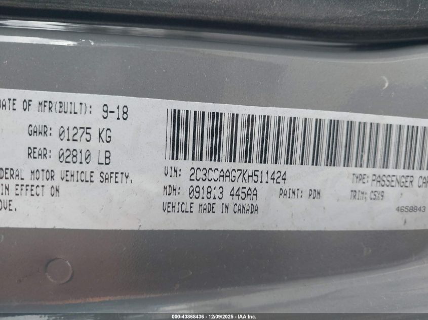 2019 Chrysler 300 Touring VIN: 2C3CCAAG7KH511424 Lot: 43868436