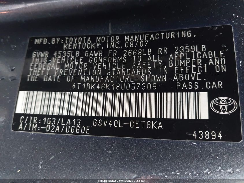 2008 Toyota Camry Xle V6 VIN: 4T1BK46K18U057309 Lot: 43868441