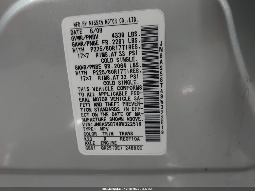 2009 Nissan Rogue Sl VIN: JN8AS58T49W322519 Lot: 43868443