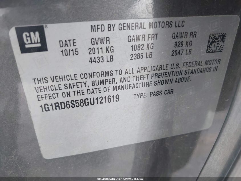 2016 Chevrolet Volt Premier VIN: 1G1RD6S58GU121619 Lot: 43868446