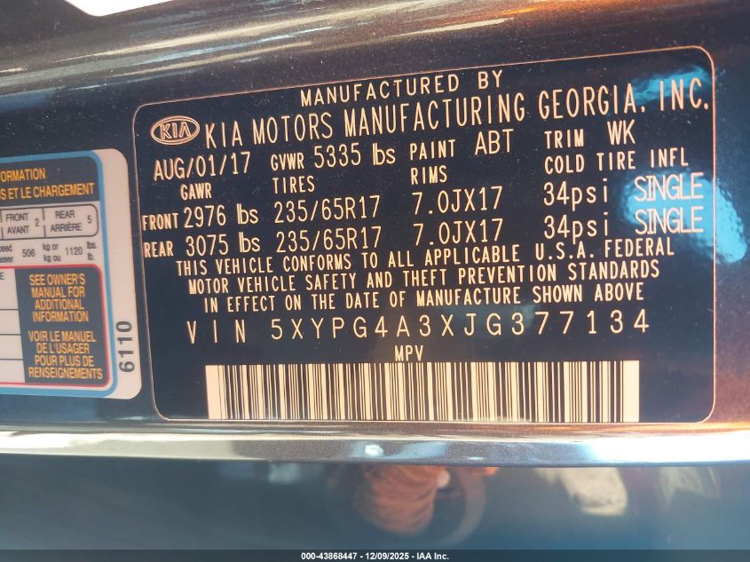2018 Kia Sorento 2.4L Lx VIN: 5XYPG4A3XJG377134 Lot: 43868447