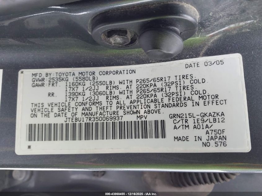 2005 Toyota 4Runner Limited V6 VIN: JTEBU17R350069937 Lot: 43868455