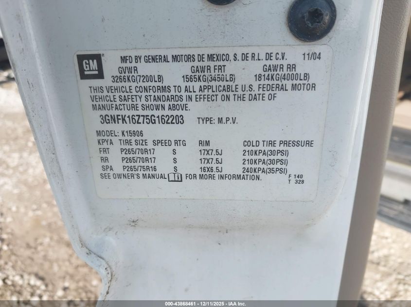 2005 Chevrolet Suburban 1500 Z71 VIN: 3GNFK16Z75G162203 Lot: 43868461