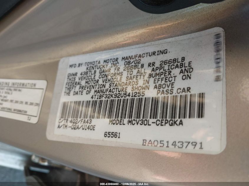 2002 Toyota Camry Xle V6 VIN: 4T1BF32K92U541255 Lot: 43868460