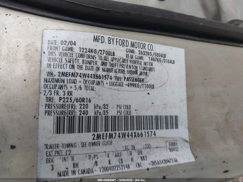 2004 Mercury Grand Marquis Gs VIN: 2MEFM74W44X661574 Lot: 43868467