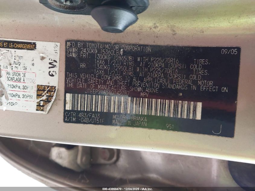 2006 Toyota Highlander V6 VIN: JTEEP21A560142787 Lot: 43868470