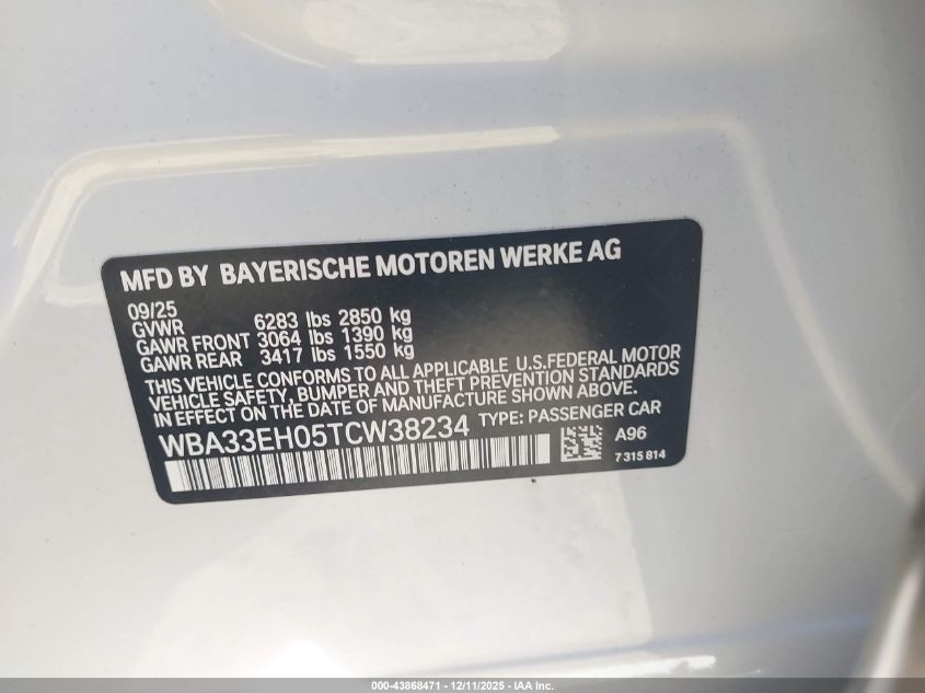 2026 BMW 740I xDrive VIN: WBA33EH05TCW38234 Lot: 43868471