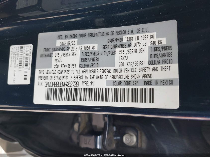 2022 Mazda Cx-30 Select VIN: 3MVDMBBL6NM452739 Lot: 43868477