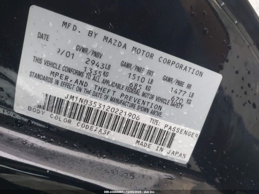 2002 Mazda Mx-5 Miata Cloth/Ls/Se VIN: JM1NB353120221906 Lot: 43868481