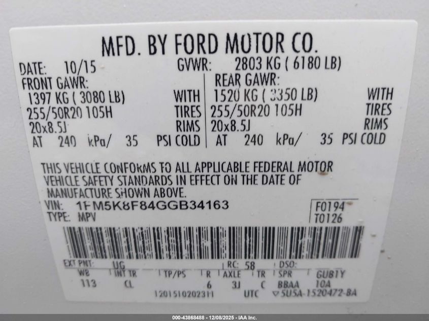 2016 Ford Explorer Limited VIN: 1FM5K8F84GGB34163 Lot: 43868488