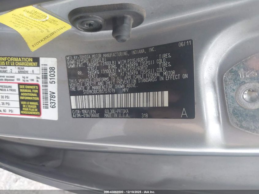 2011 Toyota Sienna Xle V6 VIN: 5TDYK3DC2BS151019 Lot: 43868500