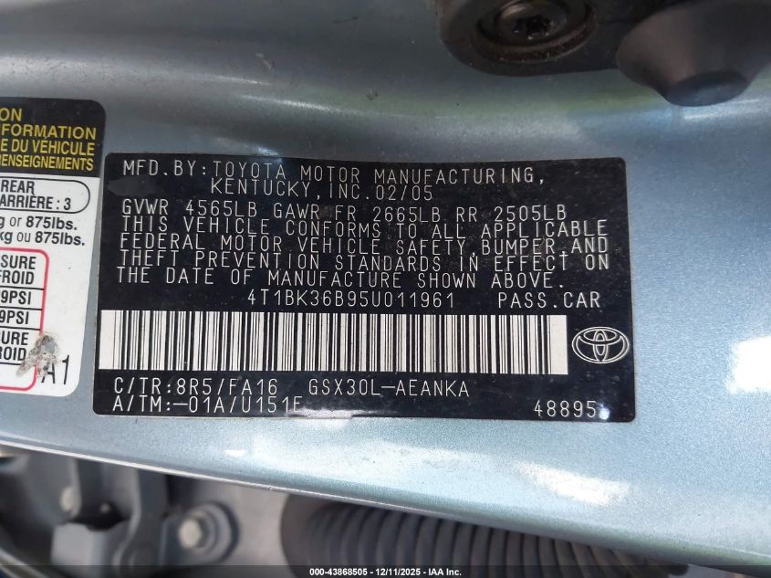 2005 Toyota Avalon Xl VIN: 4T1BK36B95U011961 Lot: 43868505