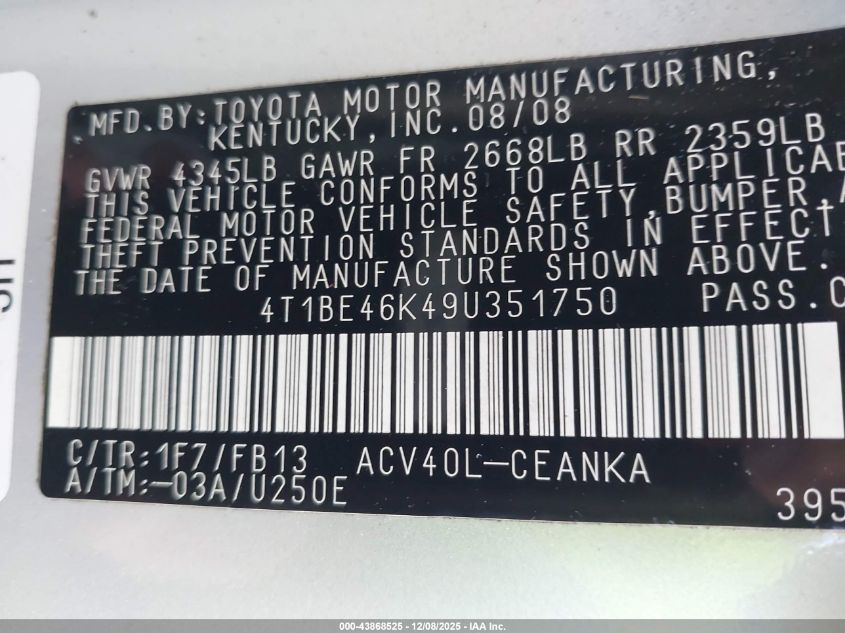 2009 Toyota Camry Le VIN: 4T1BE46K49U351750 Lot: 43868525