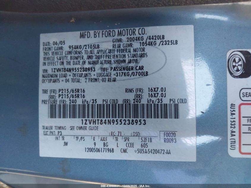 2005 Ford Mustang VIN: 1ZVHT84N955238953 Lot: 43868531