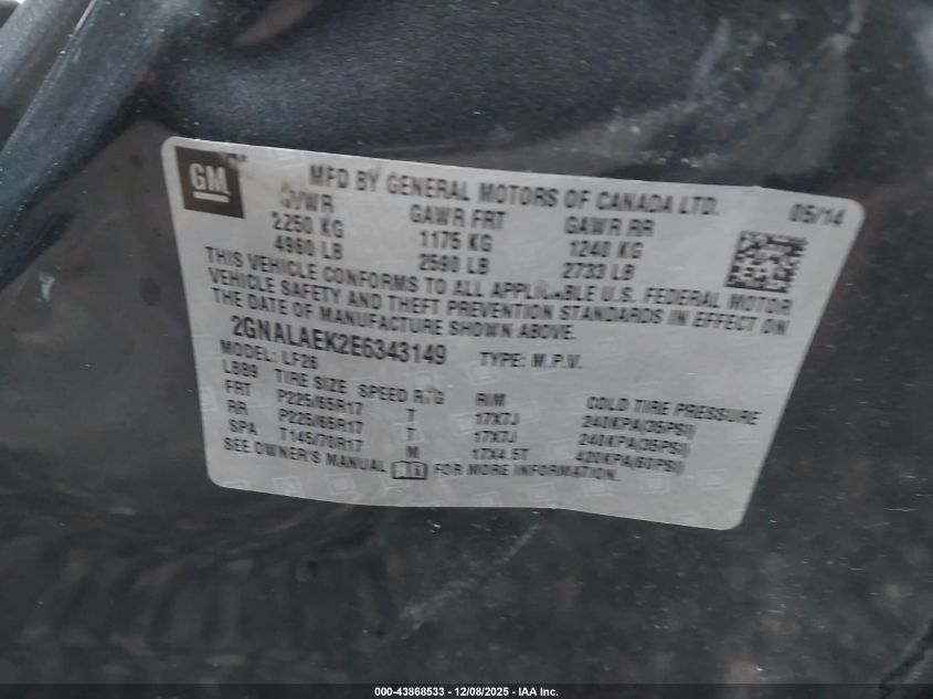 2014 Chevrolet Equinox Ls VIN: 2GNALAEK2E6343149 Lot: 43868533