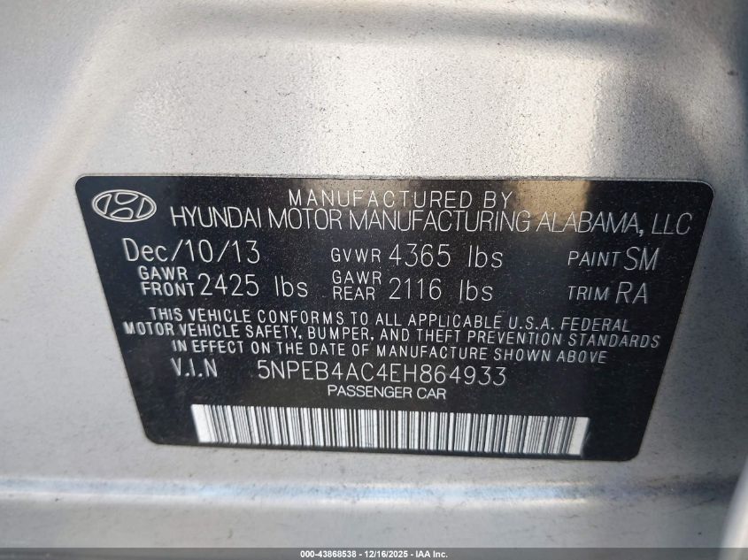 2014 Hyundai Sonata Gls VIN: 5NPEB4AC4EH864933 Lot: 43868538