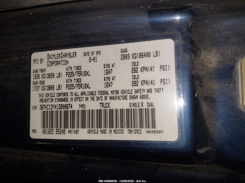 2001 Dodge Ram 1500 St VIN: 3B7HC13YX1G800674 Lot: 43868539