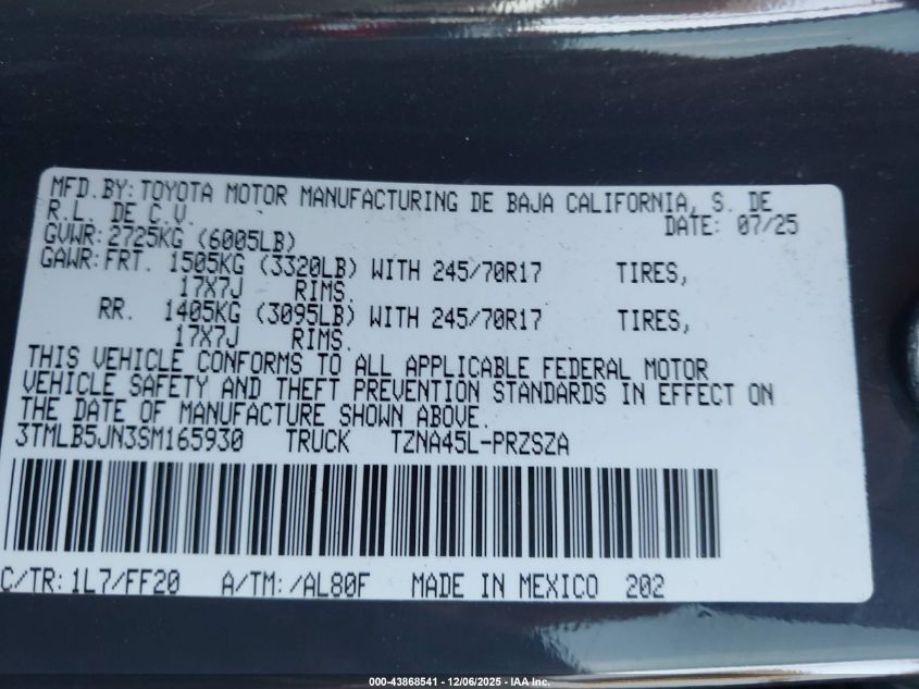 2025 Toyota Tacoma Sr5 VIN: 3TMLB5JN3SM165930 Lot: 43868541