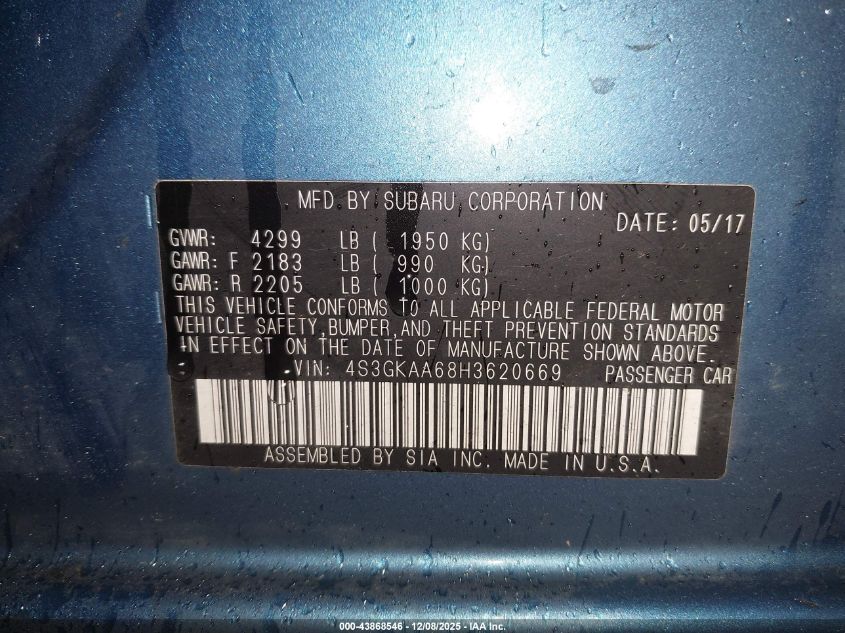 2017 Subaru Impreza 2.0I VIN: 4S3GKAA68H3620669 Lot: 43868546