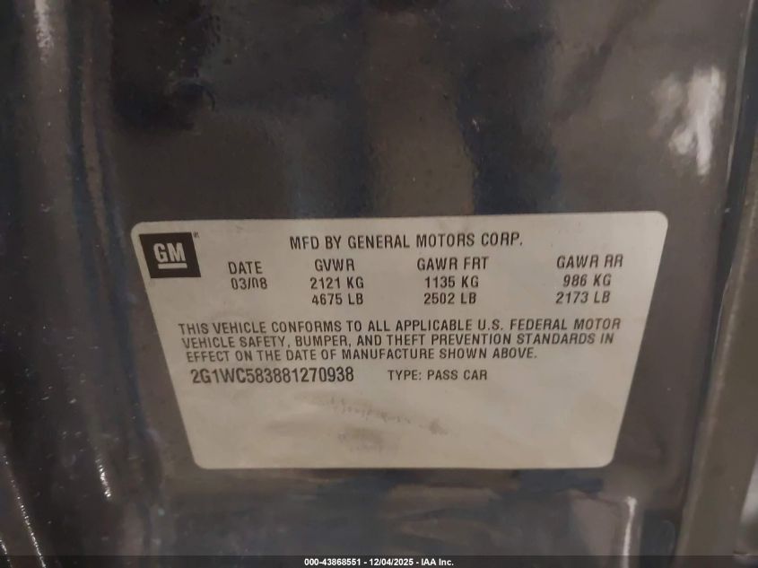 2008 Chevrolet Impala Lt VIN: 2G1WC583881270938 Lot: 43868551