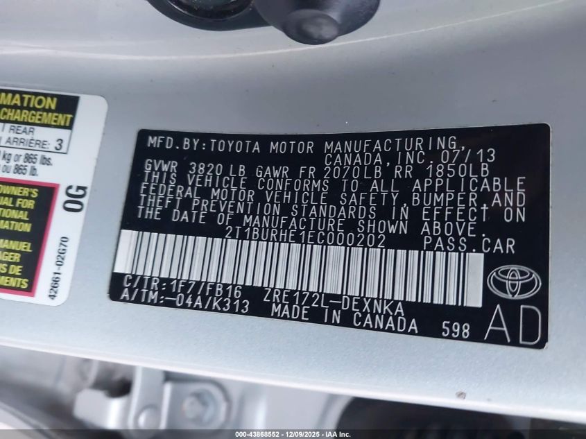 2014 Toyota Corolla Le VIN: 2T1BURHE1EC000202 Lot: 43868552