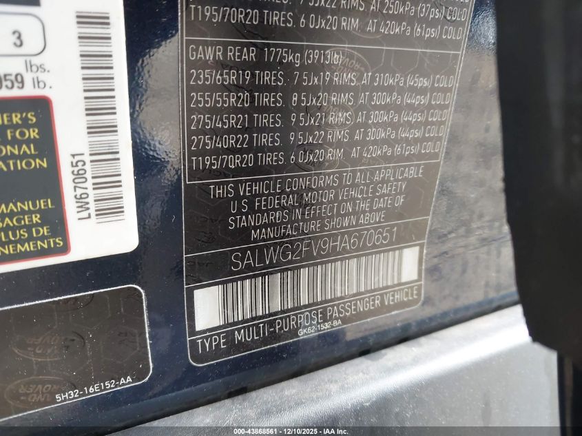 2017 Land Rover Range Rover Sport 3.0L V6 Supercharged Se VIN: SALWG2FV9HA670651 Lot: 43868561