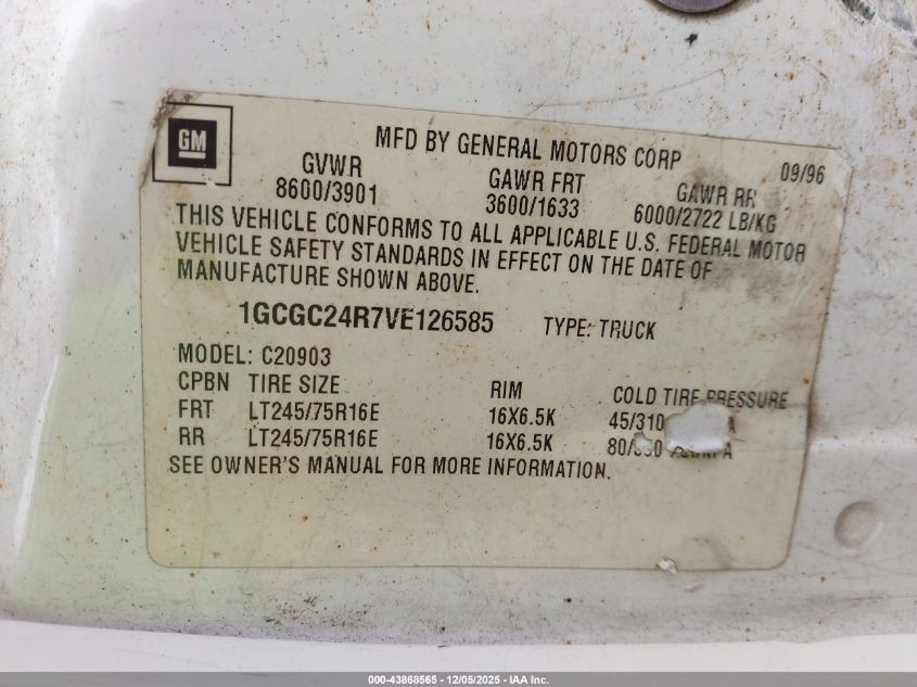 1997 Chevrolet C2500 Hd Fleetside VIN: 1GCGC24R7VE126585 Lot: 43868565