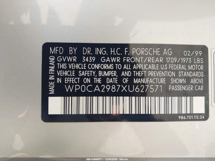 1999 Porsche Boxster VIN: WP0CA2987XU627571 Lot: 43868571