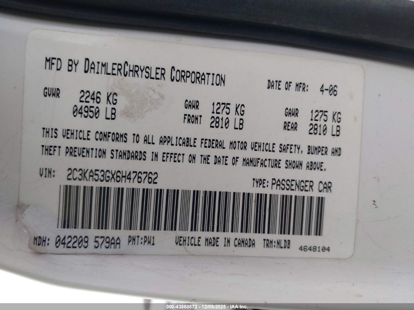 2006 Chrysler 300 Touring VIN: 2C3KA53GX6H476762 Lot: 43868572