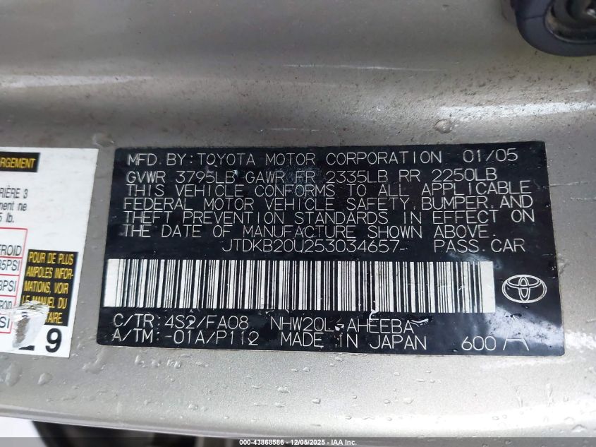 2005 Toyota Prius VIN: JTDKB20U253034657 Lot: 43868586