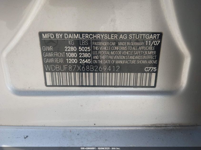 2008 Mercedes-Benz E 350 4Matic VIN: WDBUF87X68B269412 Lot: 43868591