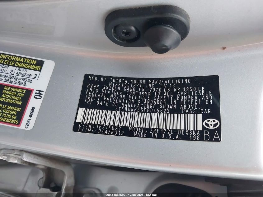 2014 Toyota Corolla S Plus VIN: 5YFBURHE5EP045823 Lot: 43868592