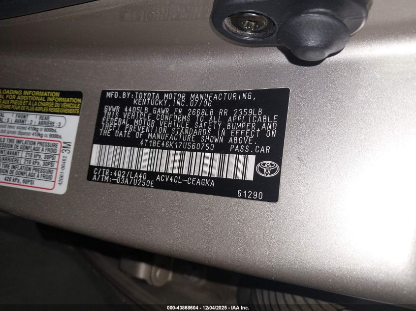 2007 Toyota Camry Xle VIN: 4T1BE46K17U560750 Lot: 43868604