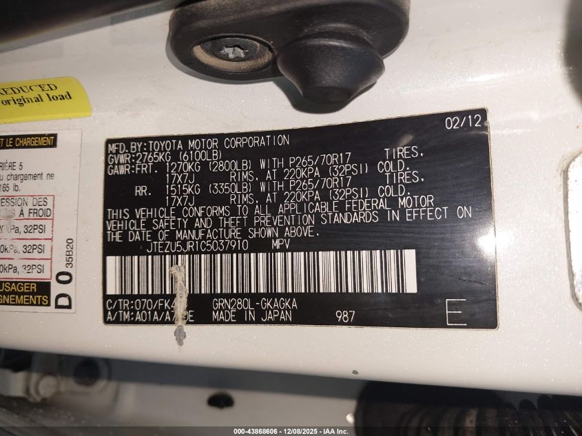 2012 Toyota 4Runner Sr5 VIN: JTEZU5JR1C5037910 Lot: 43868606