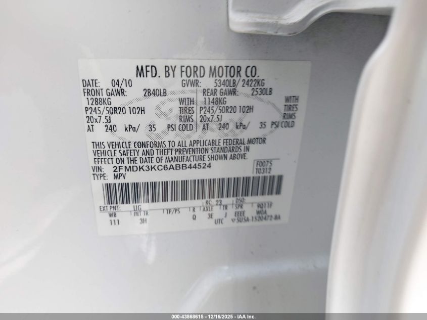 2010 Ford Edge Limited VIN: 2FMDK3KC6ABB44524 Lot: 43868615