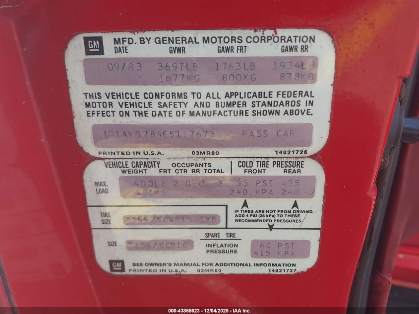 1984 Chevrolet Corvette VIN: 1G1AY0784E5117673 Lot: 43868623