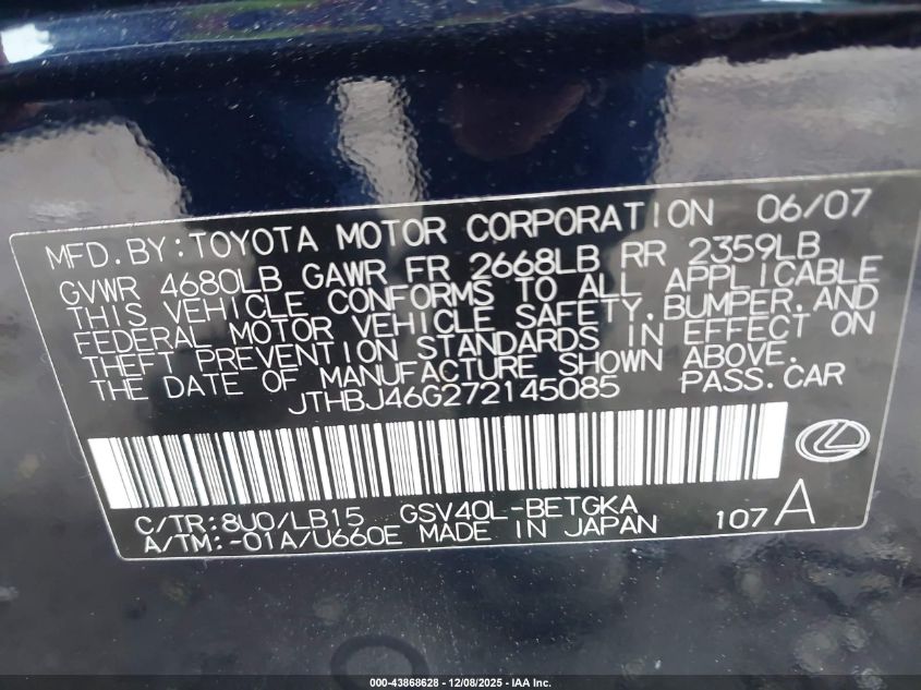 2007 Lexus Es 350 VIN: JTHBJ46G272145085 Lot: 43868628