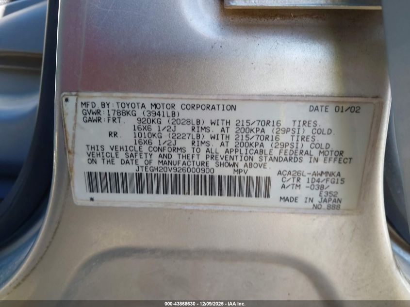 2002 Toyota Rav4 VIN: JTEGH20V926000900 Lot: 43868630